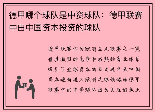 德甲哪个球队是中资球队：德甲联赛中由中国资本投资的球队