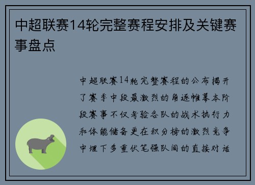 中超联赛14轮完整赛程安排及关键赛事盘点